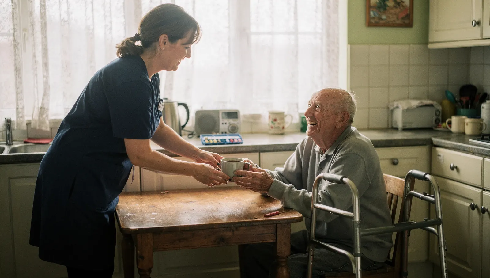A home care worker handing a cup of tea to an elderly man at his kitchen table